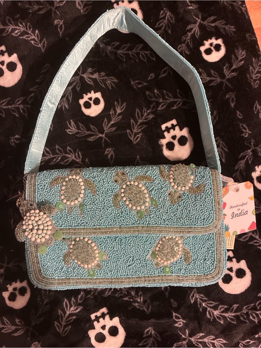 *VIRAL* Handcrafted Beaded Turtle Shoulder Bag - Aqua Blue